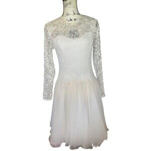 Sara Mique Embroidered Bodice Dress Tulle Skirt White Small Wedding Prom Formal